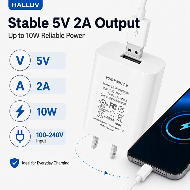 Alt view image 2 of 7 - USB Wall Charger 5V 2A Power Adapter 10W USB Charger Block Compatible with iPhone 17/16/15/14/13/12/11 Galaxy iPad Kindle and Android Devices UL Listed