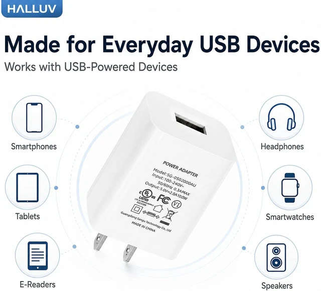 Alt view image 3 of 7 - USB Wall Charger 5V 2A Power Adapter 10W USB Charger Block Compatible with iPhone 17/16/15/14/13/12/11 Galaxy iPad Kindle and Android Devices UL Listed