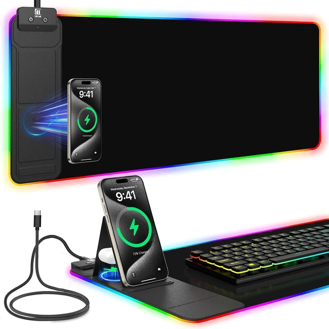 Main image of Mouse Pad with Foldable Phone Holder & Wireless Charger XL RGB Gaming Mousepad 31.5x11.8 Large Desk Mat for Keyboard Home Desk Pad with Dual Qi Charging Station