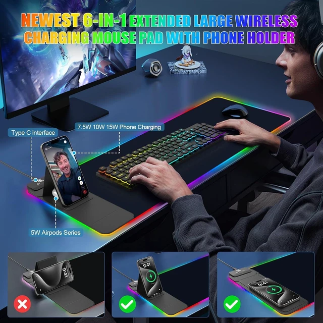 Alt view image 3 of 7 - Mouse Pad with Foldable Phone Holder & Wireless Charger XL RGB Gaming Mousepad 31.5x11.8 Large Desk Mat for Keyboard Home Desk Pad with Dual Qi Charging Station