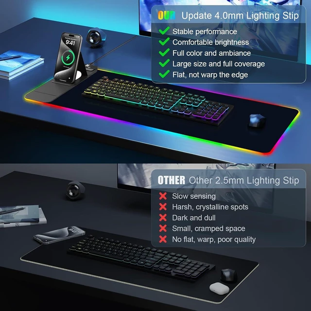 Alt view image 7 of 7 - Mouse Pad with Foldable Phone Holder & Wireless Charger XL RGB Gaming Mousepad 31.5x11.8 Large Desk Mat for Keyboard Home Desk Pad with Dual Qi Charging Station