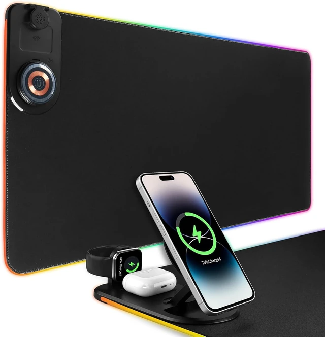 Main image of RGB LED Gaming Mouse Pad with Magnetic Wireless Charging&Foldable Phone Holder 15 Light Modes 15W Fast Charge Waterproof Keyboard Pad 80*40*0.4CM XXL Ultra-Smooth Desk Mat for MacBook PC Laptop