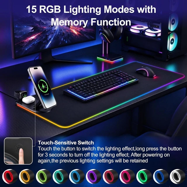 Alt view image 5 of 7 - RGB LED Gaming Mouse Pad with Magnetic Wireless Charging&Foldable Phone Holder 15 Light Modes 15W Fast Charge Waterproof Keyboard Pad 80*40*0.4CM XXL Ultra-Smooth Desk Mat for MacBook PC Laptop
