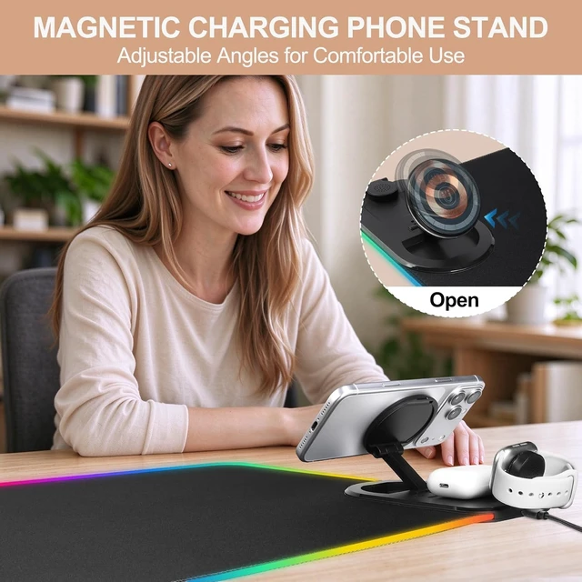 Alt view image 6 of 7 - RGB LED Gaming Mouse Pad with Magnetic Wireless Charging&Foldable Phone Holder 15 Light Modes 15W Fast Charge Waterproof Keyboard Pad 80*40*0.4CM XXL Ultra-Smooth Desk Mat for MacBook PC Laptop