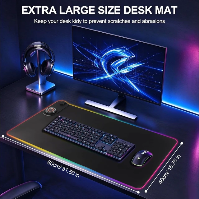 Alt view image 7 of 7 - RGB LED Gaming Mouse Pad with Magnetic Wireless Charging&Foldable Phone Holder 15 Light Modes 15W Fast Charge Waterproof Keyboard Pad 80*40*0.4CM XXL Ultra-Smooth Desk Mat for MacBook PC Laptop