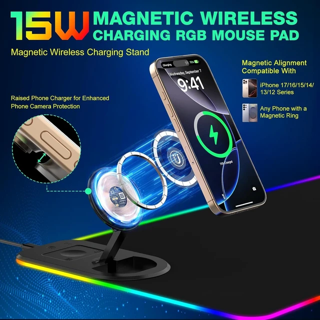 Alt view image 3 of 7 - RGB Gaming Mouse Pad Wireless Charging Desk Mat with Foldable Phone Stand Large LED Gaming Mat 800x350x4mm 15 Light Modes Waterproof Keyboard Pad for PC Computer Includes 20W PD Power Adapter