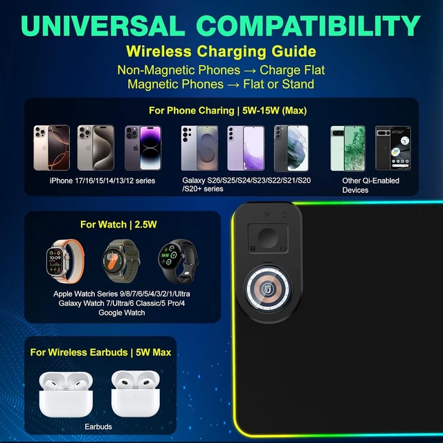 Alt view image 7 of 7 - RGB Gaming Mouse Pad Wireless Charging Desk Mat with Foldable Phone Stand Large LED Gaming Mat 800x350x4mm 15 Light Modes Waterproof Keyboard Pad for PC Computer Includes 20W PD Power Adapter