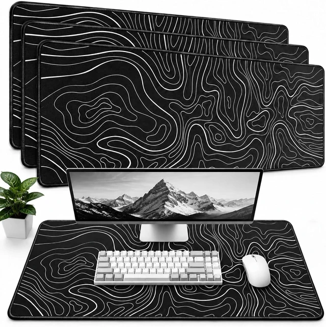 Main image of 3 Pcs Large Gaming Mouse Pad Black with White Topographic Line 31.5 x 11.8in Anti-Slip Rubber Base Mousepad XL Keyboard Mouse Mat for Home Office