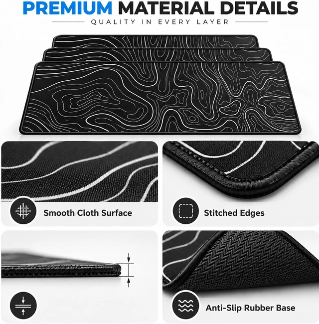 Alt view image 4 of 7 - 3 Pcs Large Gaming Mouse Pad Black with White Topographic Line 31.5 x 11.8in Anti-Slip Rubber Base Mousepad XL Keyboard Mouse Mat for Home Office