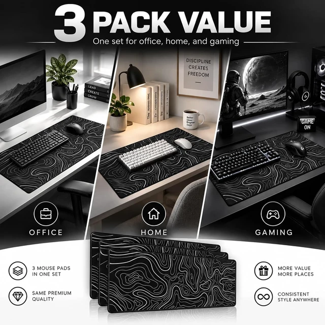 Alt view image 7 of 7 - 3 Pcs Large Gaming Mouse Pad Black with White Topographic Line 31.5 x 11.8in Anti-Slip Rubber Base Mousepad XL Keyboard Mouse Mat for Home Office