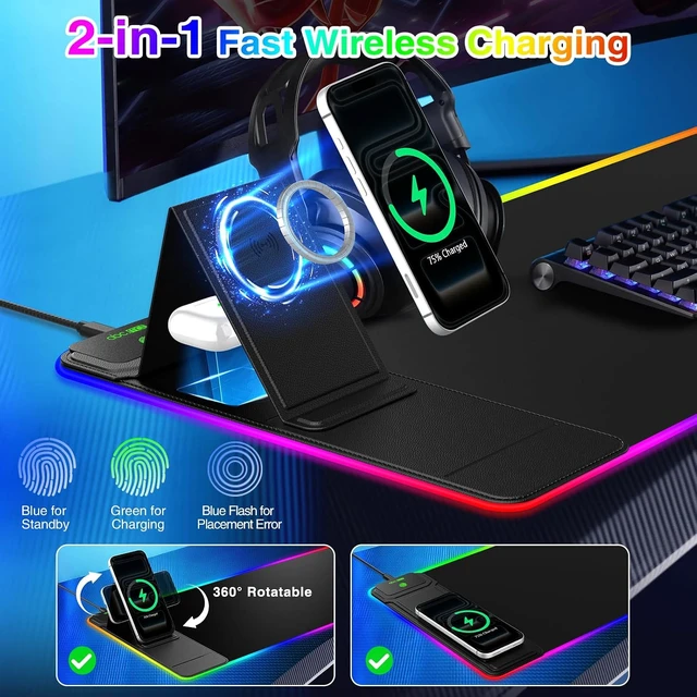Alt view image 2 of 7 - RGB Gaming Mouse Pad with Magnetic Wireless Charging & Foldable Phone Stand