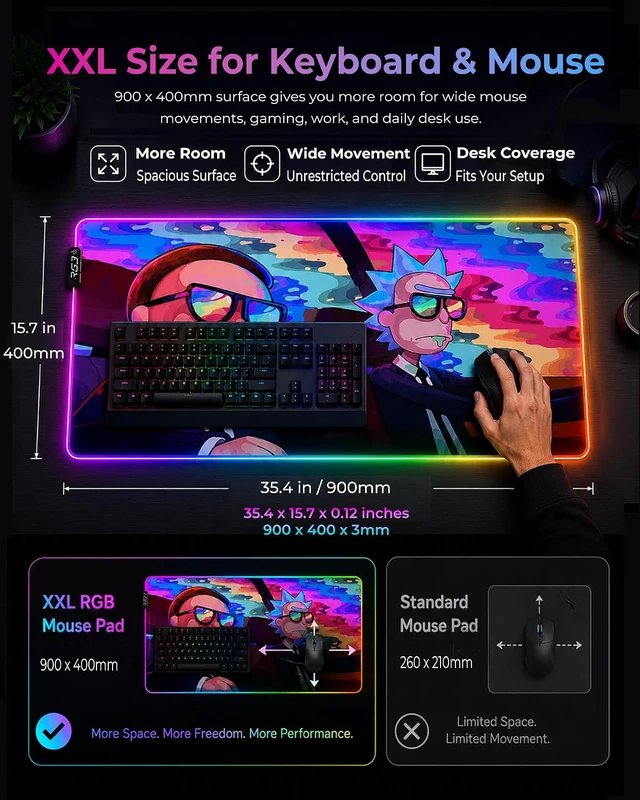 Alt view image 2 of 7 - RGB Mouse Pad XXL Gaming Desk Mat 19 Light Modes 35.4 x 15.7IN
