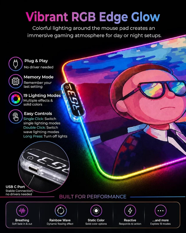 Alt view image 4 of 7 - RGB Mouse Pad XXL Gaming Desk Mat 19 Light Modes 35.4 x 15.7IN