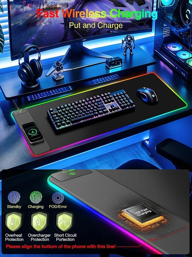 Alt view image 4 of 7 - Wireless Charging Mouse Pad Gaming 31.5x15.8 Large Desk Mat Waterproof