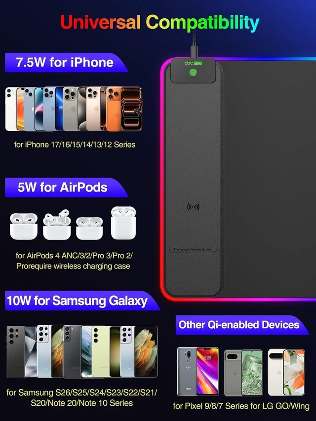 Alt view image 5 of 7 - Wireless Charging Mouse Pad Gaming 31.5x15.8 Large Desk Mat Waterproof