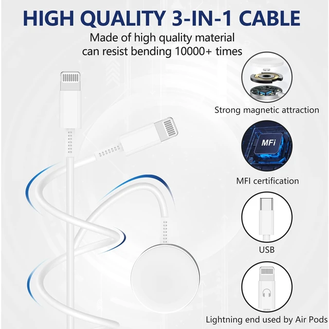 Alt view image 4 of 7 - Upgraded USB C Watch Charger 3-in-1 Magnetic Fast Charging Cable for iPhone and iWatch 6ft and C Wall Outlet for Watch SE/8/7/6/5/4/3/2/1 and iPhone 14/13/Airpods-White
