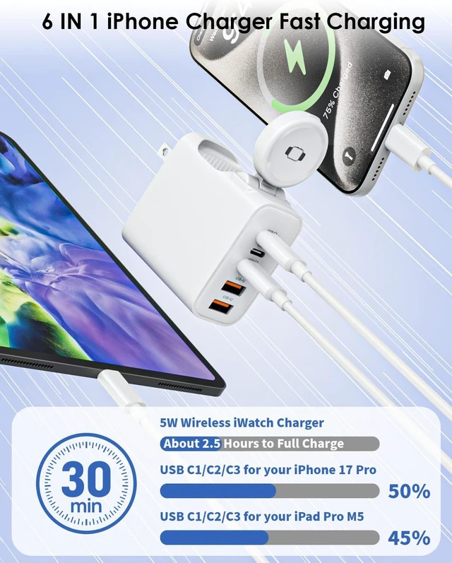 Alt view image 2 of 7 - 6 in 1 Fast Charger for Watch Charger with 60W 10FT USB C-USB C Cable