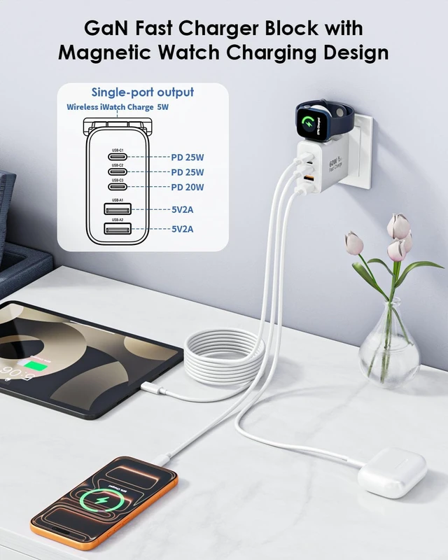 Alt view image 4 of 7 - 6 in 1 Fast Charger for Watch Charger with 60W 10FT USB C-USB C Cable