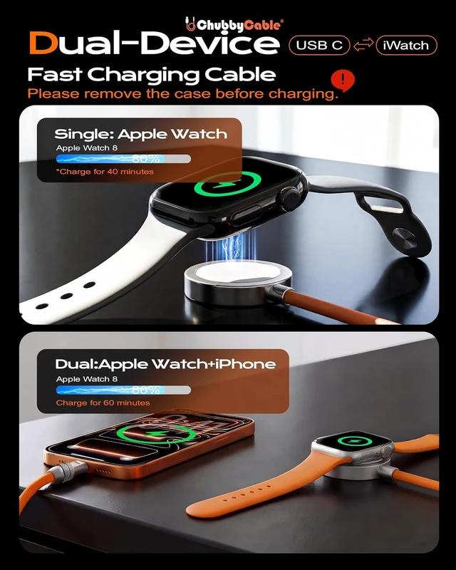 Alt view image 3 of 7 - 2 in 1 USB C Cable for Watch 40Mins 80% Orange 4FT