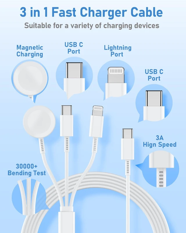 Alt view image 3 of 7 - for Watch Charger Fast Charging 6FT 3 in 1 Multi Charging Cable with USB C iPhone iWatch Charger for iWatch 11/10/9/8/7/Ultra3/Ultra 2/SE/6/5/4/iPhone 17/16/15/14/13/12/11-White