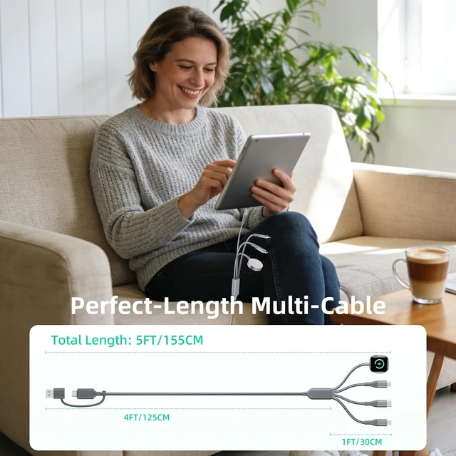 Alt view image 2 of 5 - 4-in-2 Multi Charging Cable with Smartwatch Charging Grey-5FT