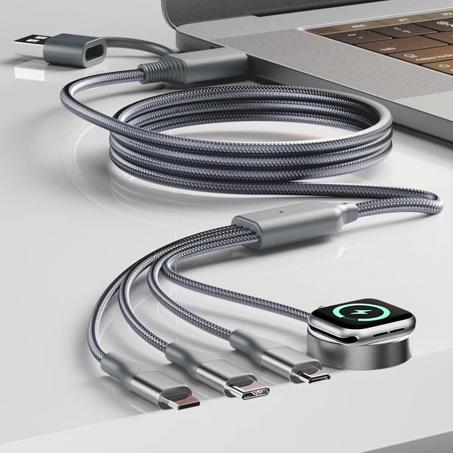 Alt view image 3 of 5 - 4-in-2 Multi Charging Cable with Smartwatch Charging Grey-5FT