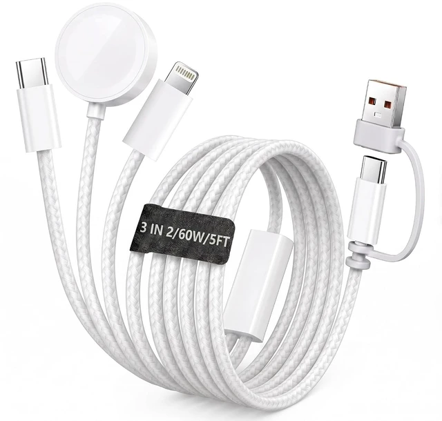 Main image of 60W 5FTfor Watch Charger Fast Charging 3-in-2 Multi Charging Cable Nylon Braided USB C/L iWatch Charger Cord for iWatch Ultra 3/2/SE/11/10/9/8/7/6/5 iPhone 18 17 15 16 Pro Max/14/13/12