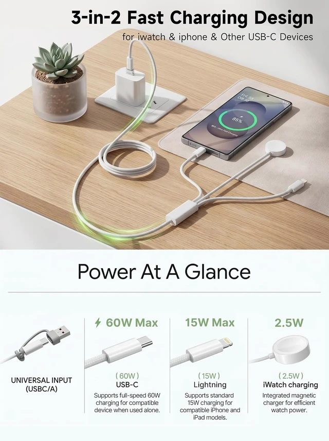 Alt view image 2 of 7 - 60W 5FTfor Watch Charger Fast Charging 3-in-2 Multi Charging Cable Nylon Braided USB C/L iWatch Charger Cord for iWatch Ultra 3/2/SE/11/10/9/8/7/6/5 iPhone 18 17 15 16 Pro Max/14/13/12