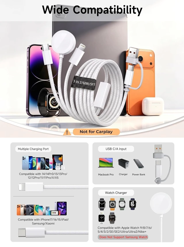 Alt view image 4 of 7 - 60W 5FTfor Watch Charger Fast Charging 3-in-2 Multi Charging Cable Nylon Braided USB C/L iWatch Charger Cord for iWatch Ultra 3/2/SE/11/10/9/8/7/6/5 iPhone 18 17 15 16 Pro Max/14/13/12