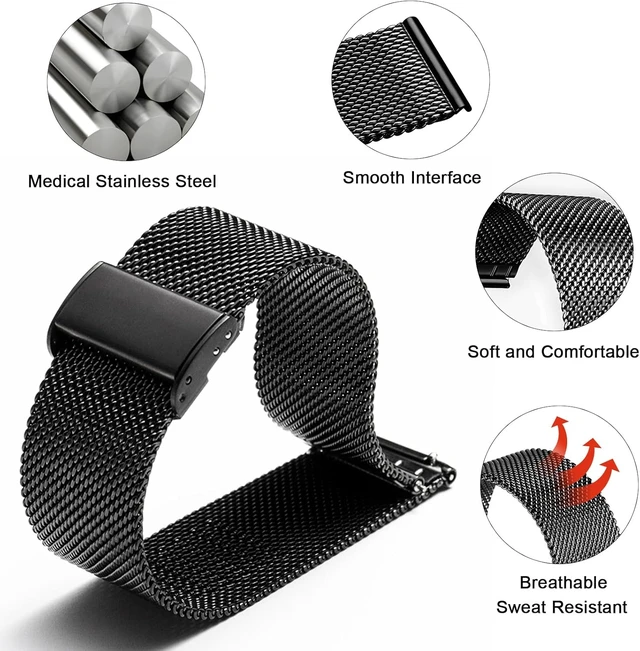Alt view image 4 of 7 - Mesh Watch Band Metal - Black Quick Release Watch Bands for Men Women - Stainless Steel Smart Watches Strap Bracelet Replacement - 10mm 12mm 14mm 16mm 18mm 20mm 22mm