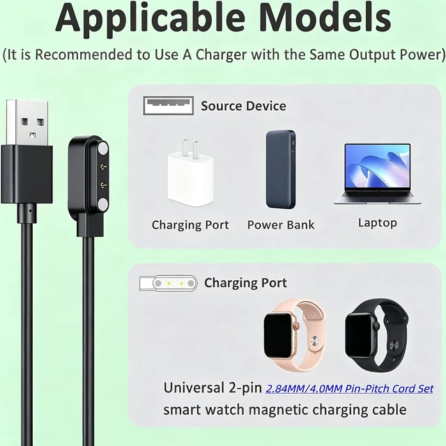 Alt view image 4 of 7 - 2Pin USB Magnetic Smart Watch Charger 2.84MM/4.0MM Pin-Pitch Cord Set Black