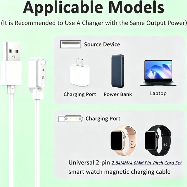 Alt view image 4 of 7 - 2Pin USB Magnetic Smart Watch Charger 2.84MM/4.0MM Pin-Pitch Cord Set White