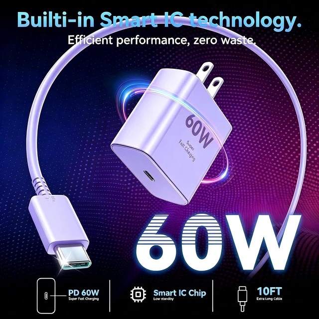 Alt view image 3 of 6 - 60W Super Fast Charger USB Type C Android Phone Charger Fast Charging Cord