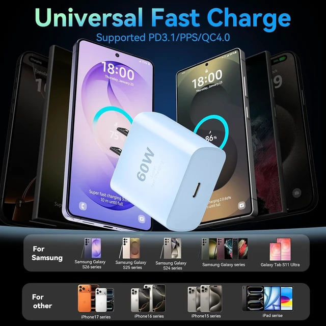 Alt view image 6 of 6 - 60W Super Fast Charger USB Type C Android Phone Charger Fast Charging Cord