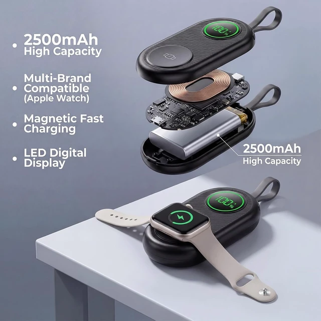 Alt view image 2 of 7 - 2026 Upgraded 2500mAh Portable Charger for Watch 2-in-1 Wireless