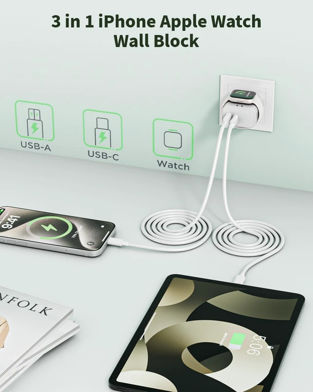 Alt view image 3 of 7 - Charging Block for Watch Charger 3 in 1 23W USB C Charging Block Build in Wireless iWatch Charger with 6FT USBC Cable Travel Wall Adapter Compatible with iWatch 11/Ultra/SE/10 iPhone 17/16 iPad