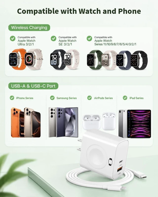 Alt view image 6 of 7 - Charging Block for Watch Charger 3 in 1 23W USB C Charging Block Build in Wireless iWatch Charger with 6FT USBC Cable Travel Wall Adapter Compatible with iWatch 11/Ultra/SE/10 iPhone 17/16 iPad