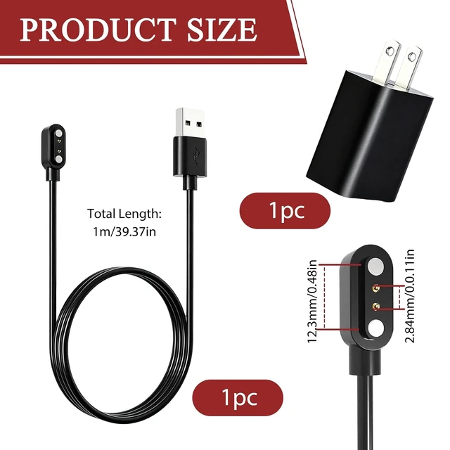 Alt view image 2 of 7 - 2 Pin 2.84mm Magnetic Smart Watch Charger with USB Wall Adapter 3.28FT
