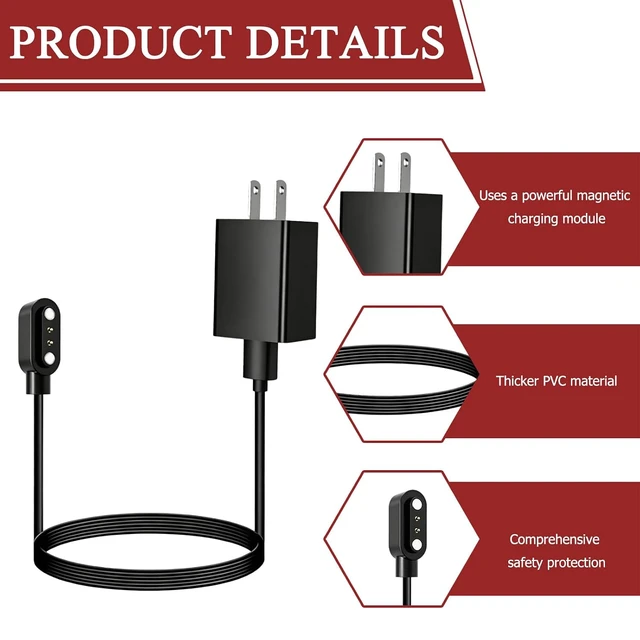 Alt view image 3 of 7 - 2 Pin 2.84mm Magnetic Smart Watch Charger with USB Wall Adapter 3.28FT