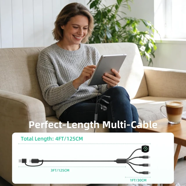 Alt view image 7 of 7 - 4-in-2 Multi Charging Cable with Smartwatch Charging Black-6FT