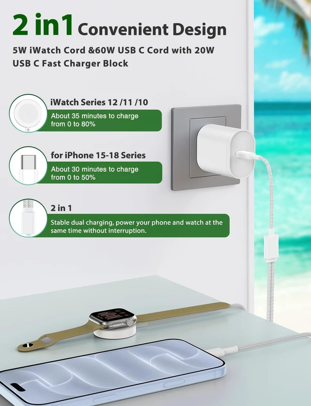 Alt view image 2 of 7 - 2-in-1 Fast Charger for Watch &for iPhone 17 5FT Braided USB C Cable