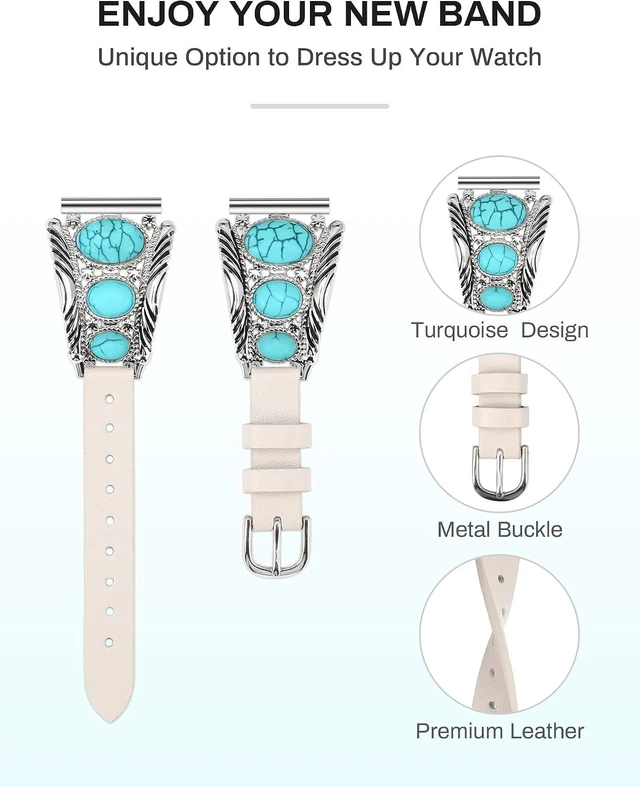 Alt view image 2 of 6 - Leather Band Compatible with Galaxy Watch 7/6/5/4/FE/Active 2 40mm 44mm/Watch 6 Classic 43mm 47mm/Watch 5 Pro 45mm Band Women Western Turquoise Boho Vintage Jewelry 20mm Watch Strap