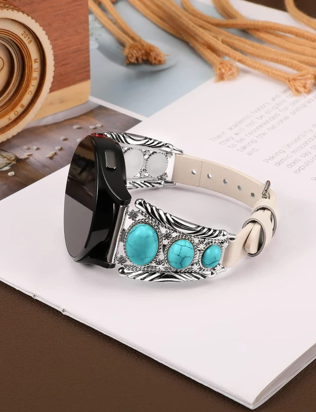 Alt view image 3 of 6 - Leather Band Compatible with Galaxy Watch 7/6/5/4/FE/Active 2 40mm 44mm/Watch 6 Classic 43mm 47mm/Watch 5 Pro 45mm Band Women Western Turquoise Boho Vintage Jewelry 20mm Watch Strap