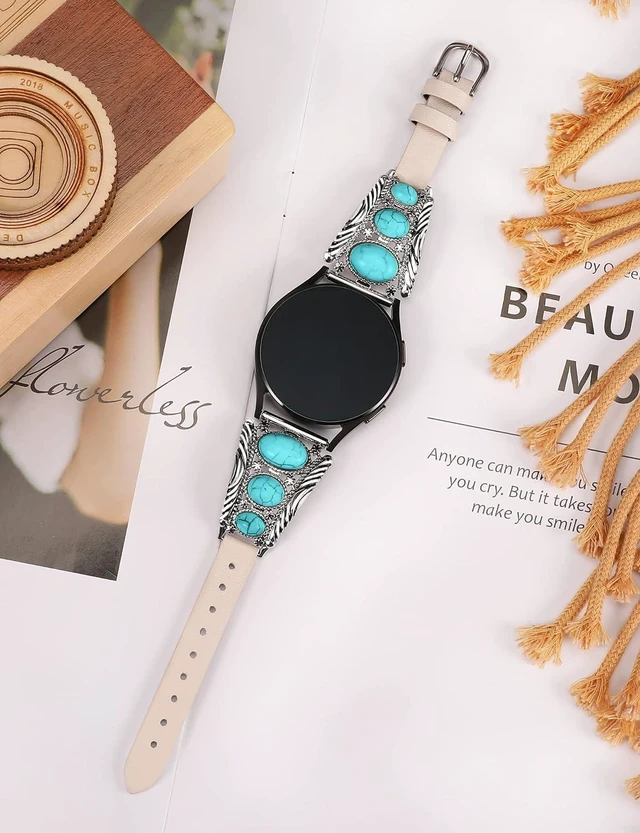 Alt view image 4 of 6 - Leather Band Compatible with Galaxy Watch 7/6/5/4/FE/Active 2 40mm 44mm/Watch 6 Classic 43mm 47mm/Watch 5 Pro 45mm Band Women Western Turquoise Boho Vintage Jewelry 20mm Watch Strap