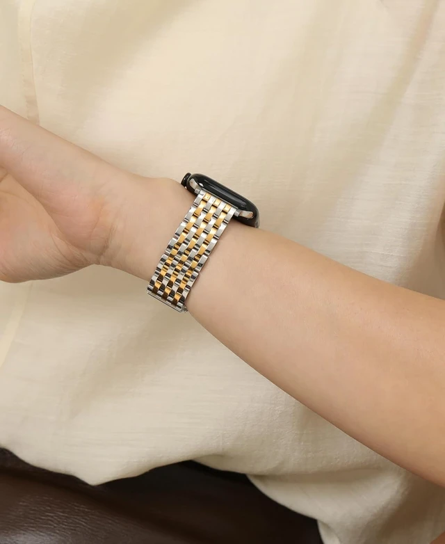 Alt view image 6 of 6 - Seven-link Watch Band for Watch Series 11 10 9 8 7 6 5 4 3 2 1 and SE 3/2/1 for Women Dressy Stainless Steel Metal Band for Watch 40mm 41mm 42mm 38mm 44mm 45mm 46mm for iWatch