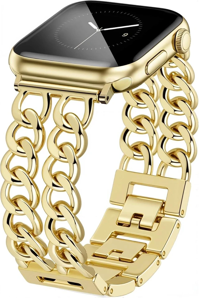 Main image of Gold Watch Bands for Women Compatible with Watch 38mm 40mm 41mm 42mm (S10/11/12) Adjustable Metal Band Cowboy Steel Chain Bracelet for iWatch Series 12/11/10/9/8/7/6/5/4/3/2/1 SE 3/2/1 (No Case)