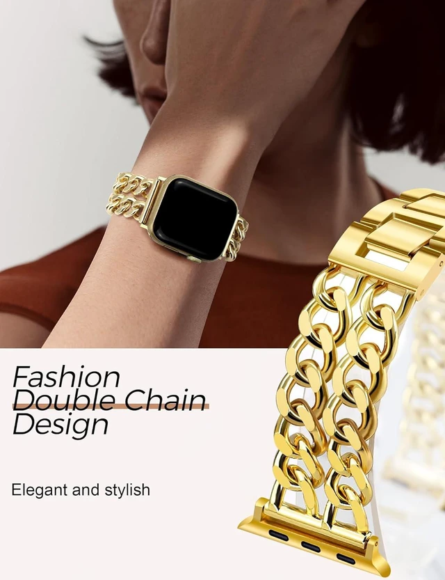 Alt view image 3 of 7 - Gold Watch Bands for Women Compatible with Watch 38mm 40mm 41mm 42mm (S10/11/12) Adjustable Metal Band Cowboy Steel Chain Bracelet for iWatch Series 12/11/10/9/8/7/6/5/4/3/2/1 SE 3/2/1 (No Case)