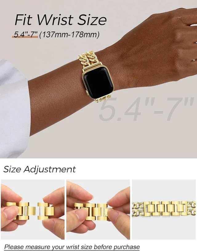 Alt view image 5 of 7 - Gold Watch Bands for Women Compatible with Watch 38mm 40mm 41mm 42mm (S10/11/12) Adjustable Metal Band Cowboy Steel Chain Bracelet for iWatch Series 12/11/10/9/8/7/6/5/4/3/2/1 SE 3/2/1 (No Case)