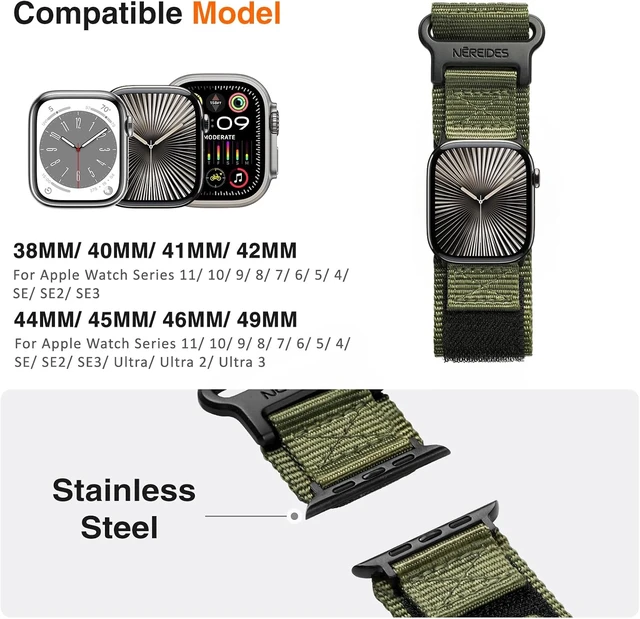 Alt view image 4 of 7 - Rugged Nylon Band Compatible with Watch Ultra 4/3/2/1 (49mm) Series 12/11/10/9/8/7/6/5/4 & SE3/SE2/SE (46mm 45mm 44mm) Tactical Sports Strap for Men (L Army Green)