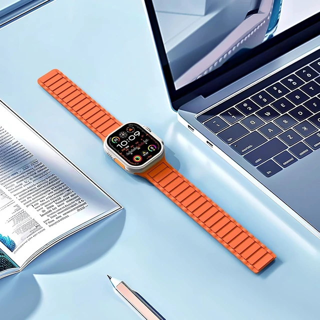 Alt view image 2 of 7 - Magnetic Link Solo Loop Sport Silicone Bands Compatible with Watch Ultra 3/2/1 49mm Series 11/10 46/42mm 9/8/7 45/41mm SE 6/5/4 44/40mm 3/2/1 42/38mm for Women Men